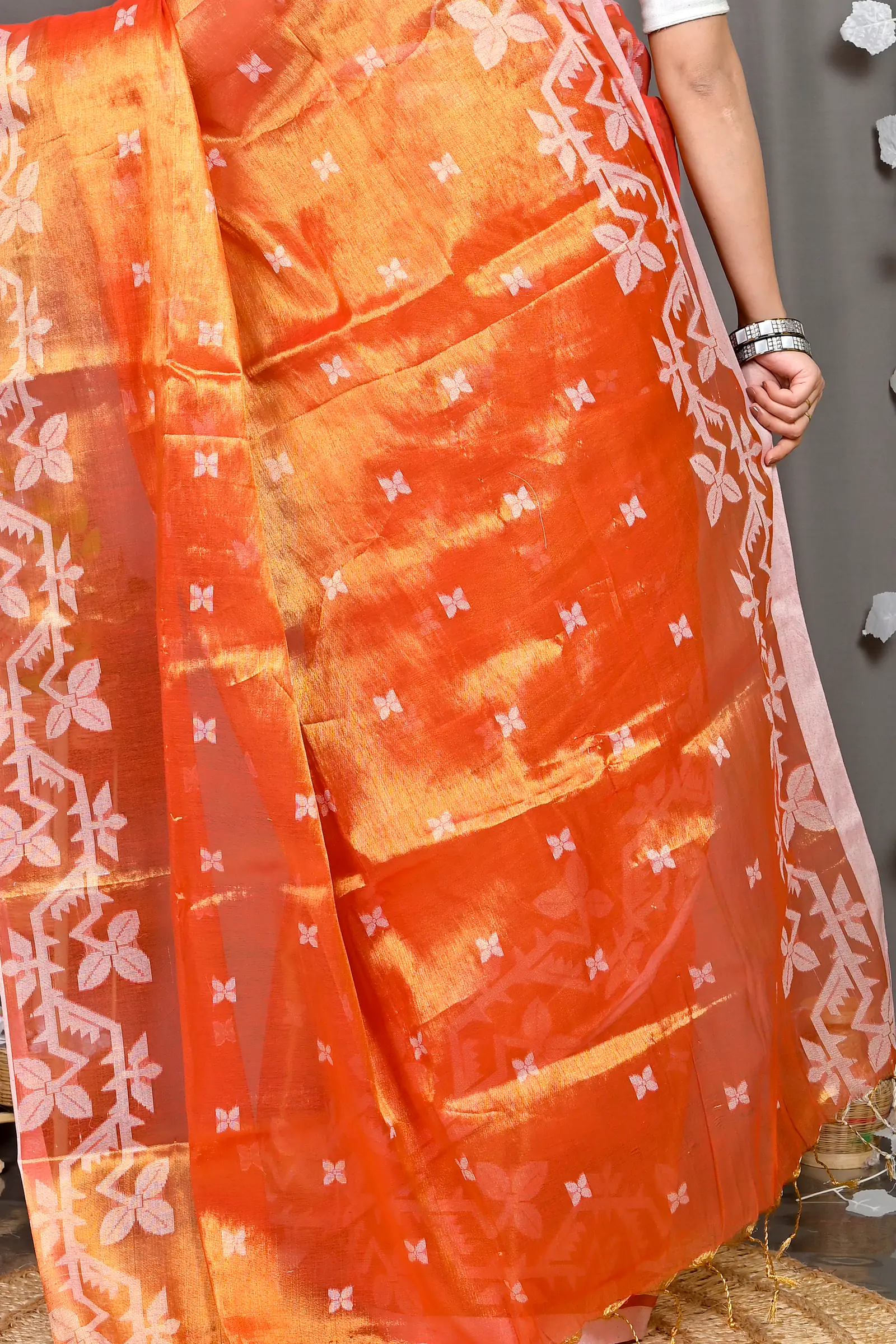 Orange Cotton Silk Parashar Tissue Jamdani Saree (294)